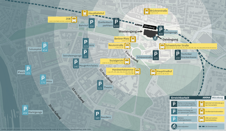 Übersichtskarte mit Verkehrsanbindung, Parkplätzen und Zufahrtswegen rund um die Arena Würzburg